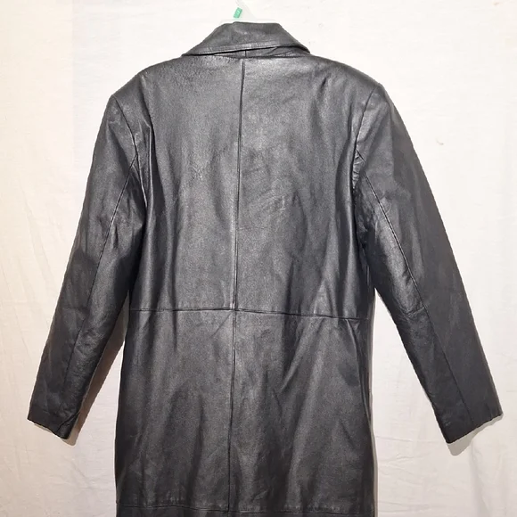 Vintage Black Leather Coat, Long Double Breasted, Worthington, Sz 4 NWOT - Picture 8 of 12